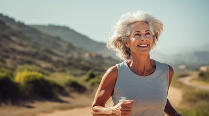 Keeping in shape at 60. Smiling middle-aged woman during a jog in the city - obrazy, fototapety, plakaty
