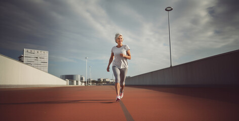 Fototapeta na wymiar Keeping in shape at 60. Smiling middle-aged woman during a jog in the city