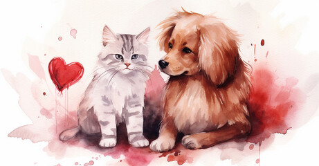 Cat and dog happy together, watercolor Valentine's Day card