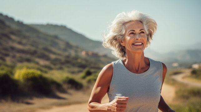 Keeping in shape at 60. Smiling middle-aged woman during a jog in the city