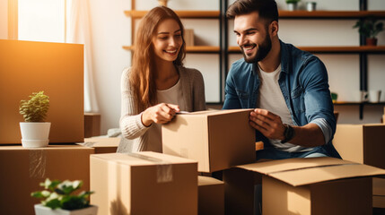 A happy couple embracing real estate, real estate investment or buying an apartment. An excited man with a smile or a woman celebrating moving into an apartment together