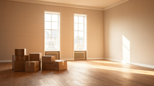 Move concept. Cardboard boxes and cleaning things for moving into a new home. Cardboard boxe background