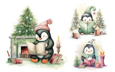 Set of Christmas Winter Penguins reading a book 
water color vectors
