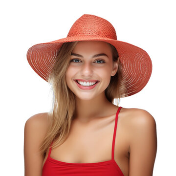 portrait of a woman in a red hat. Beautiful woman in a red summer dress wearing a straw hat is smiling happily on PNG transparent background.