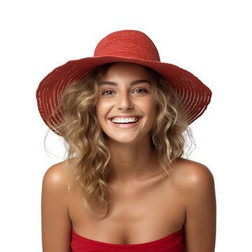 portrait of a woman in a red hat. Beautiful woman in a red summer dress wearing a straw hat is smiling happily on PNG transparent background.
