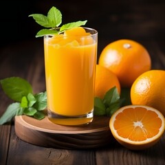 glass of fresh orange juice with fresh fruits on wooden table