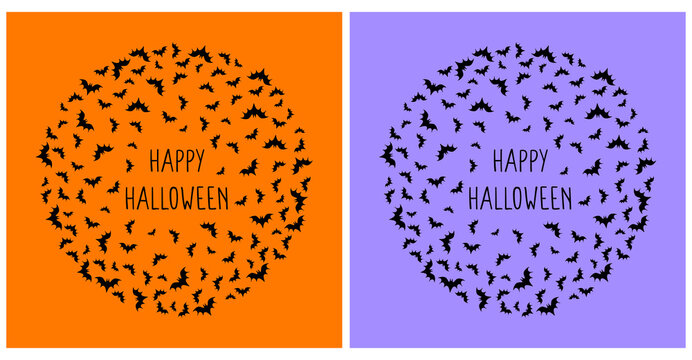 Halloween Vector Card with Black Flying Bats. Round Frame Made of Bats Isolated on a Violet and Orange Background. Halloween Print with ideal for Card, Banner, Flyer. RGB Colors.