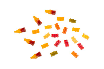 jelly bears candy and Cola flavored gummy jellies isolated on a transparent background. 