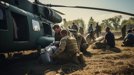 War and Aid: Pat Soldiers Aid to War Refugees, Field Hospitals, Airplanes, Immigration, Refugees, - obrazy, fototapety, plakaty