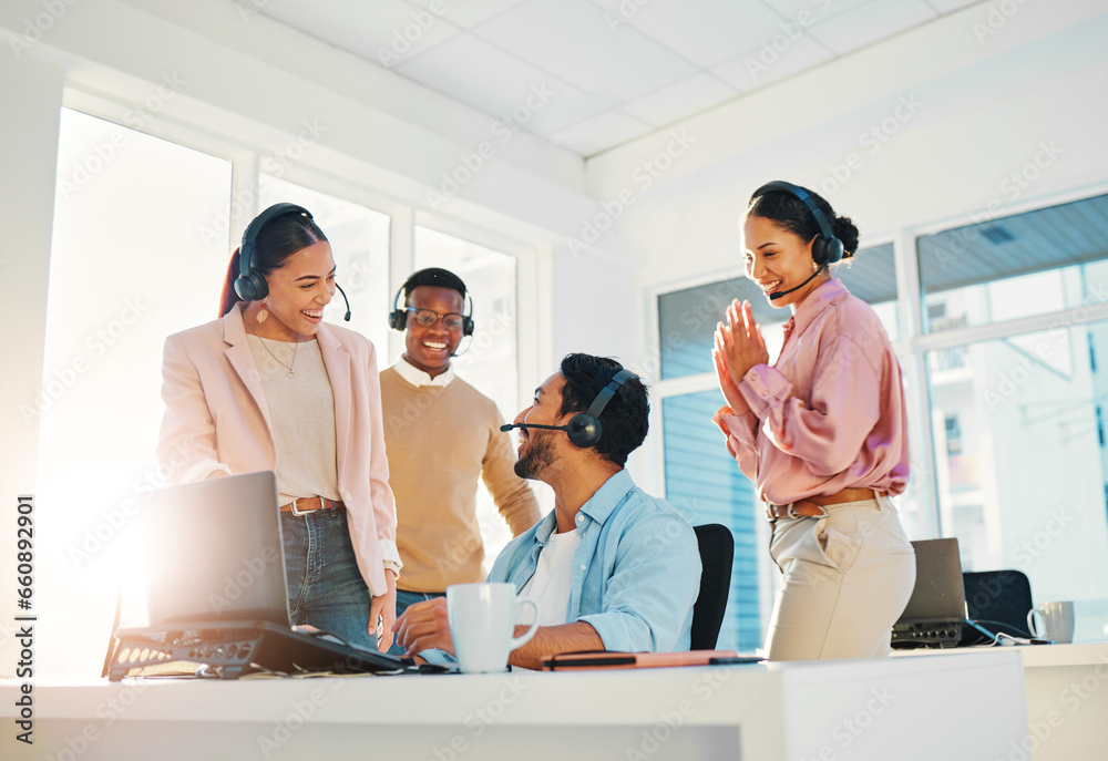 Poster call center, teamwork or happy for target with support, collaboration and customer service in office