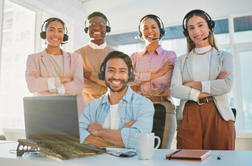 Team, portrait and call center consultant group with arms crossed, contact us with headphones and...