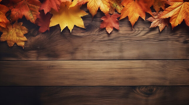 Happy fall autumn halloween holiday thanksgiving background greeting card - Colored fallen leaves on rustic empty wooden table, top view