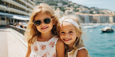 Fototapeta na wymiar Two adorable sisters enjoying a summer day on the beach, radiating love and happiness.