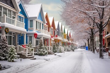 Scenic winter scene in a historic Victorian neighborhood with snow-covered colorful houses and streets under a snowy sky. - obrazy, fototapety, plakaty