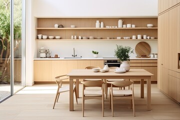 Fototapeta na wymiar A Scandinavian style kitchen with a white design, wood accents and modern cabinetry creates a clean and stylish space.