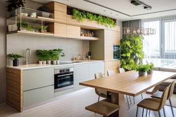 Fototapeta premium Modern and stylish kitchen with contemporary design, wood accents, bright ambience, greenery and elegant cabinetry.
