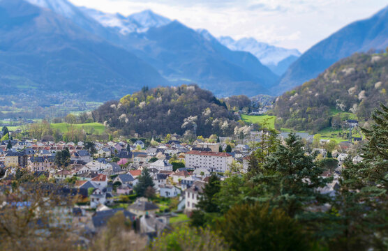 tilt shift of Argeles Gazost, french city, Pyrenees mountains