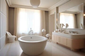 Fototapeta na wymiar Neutral bathroom with bathtub and washbasin. Generative AI