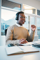 Call center, black man and consulting at computer for telemarketing, customer service and IT...