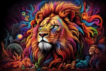 A glorious looking lion's face is colorfully displayed