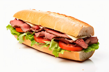 Roast beef meat submarine sandwich on a white background - obrazy, fototapety, plakaty