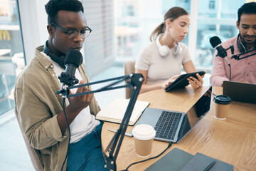 Man, microphone and podcast or recording, streaming or creative conversation. Diversity, group and...