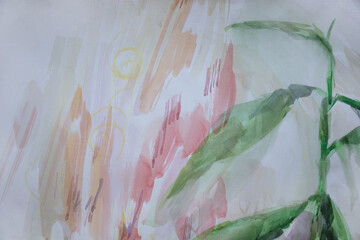 Avocado tree with space for text. Floral watercolor background. Wet hand painted brush strokes surface with stains.