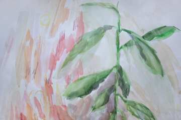 Green leaves avocado tree background. Wet hand painted brush strokes. Neutral weathered surface with stains.