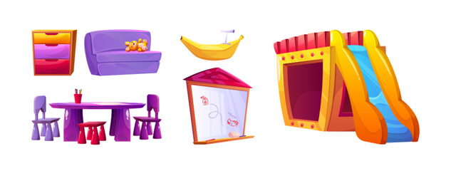 Children playroom design elements set isolated on white background. Vector cartoon illustration of wooden house with slide, table and chairs for kids, colorful drawer, nursery school play and fun area