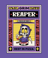 Grim Reaper Pizza. Spooky Horror Cartoon On Art Deco Illustration Style.