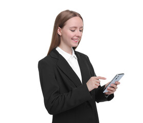 Woman sending message via smartphone isolated on white