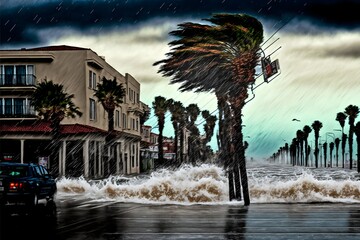 California ocean city flooding wind rain palm trees swinging realistic photography 