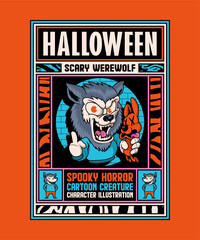 Halloween Scary Werewolf. Spooky Horror Cartoon On Art Deco Illustration Style.