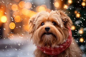  close - up of a dog pet, surrounded by the festive cheer of Christmas blurred in the background 