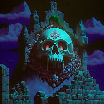 stillframe from Legend of Zelda as liveaction film castle shapedlikeskull on cliff with moon Darkfantasy 1987 Magic glitter sequins neon lights 