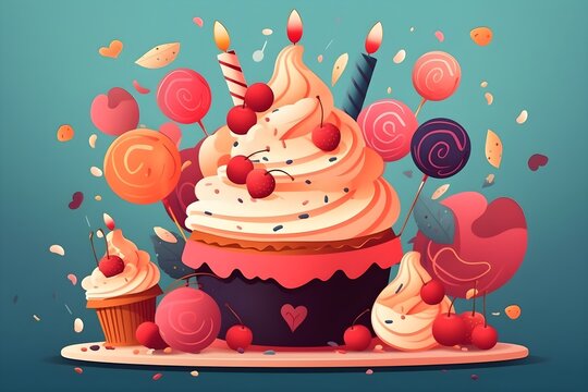 Birthday cupcake and candies illustration, Generative AI