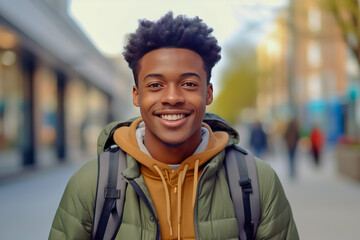 Portrait of young African American man is wearing a backpack and smiling in the street.