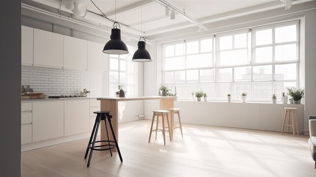 Scandinavian and minimalist style photo studio with flashes and spacious room 
