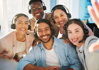 Selfie, call centre and people with headset in office for communication, customer service or...
