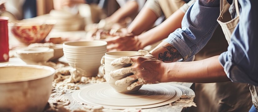 Young people working on pottery wheel together in a ceramics workshop with space for copying With copyspace for text