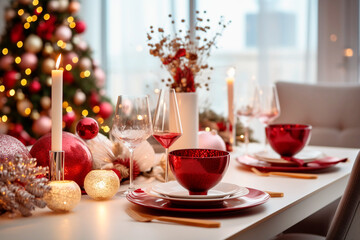 elegant table setting with Christmas decorations in living room
