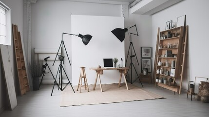 Cozy and minimalist office style photographer studio with flash 