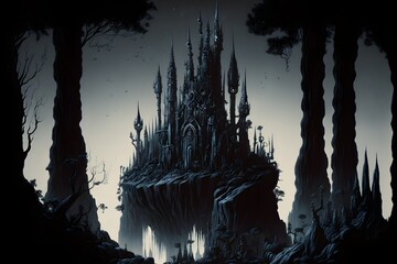 a large black castle made entirely out of obsidian smooth domes chipped towers tall towers heavy structures giant structures pillars grand ancient black vines run all over it and the ground around it  - obrazy, fototapety, plakaty