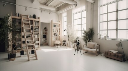 Cozy and minimalist office-style photographer studio with flash 
