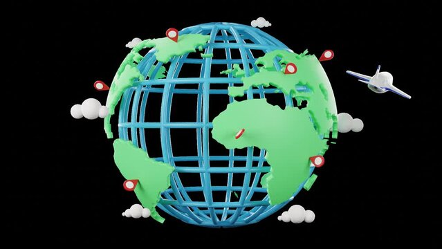 Travel and check in around the world 3D animation on transparent background, World planet, world tour icon animation, globe and check-in 3D rendering.