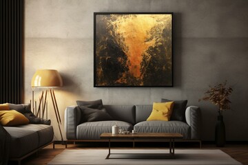 Vertical gold frame in contemporary interior scene. Generative AI