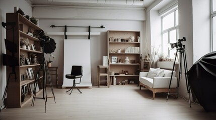 Scandinavian-style photography studio interior with white walls and bookshelf 