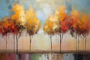 Abstract landscape featuring colorful gold trees in an oil painting. Generative AI