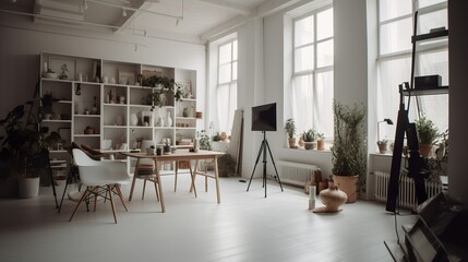 Scandinavian-style photography studio interior with white walls and bookshelf 