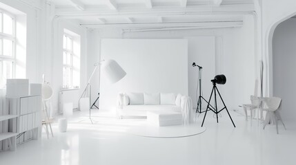 Scandinavian style photography studio interior with white walls 